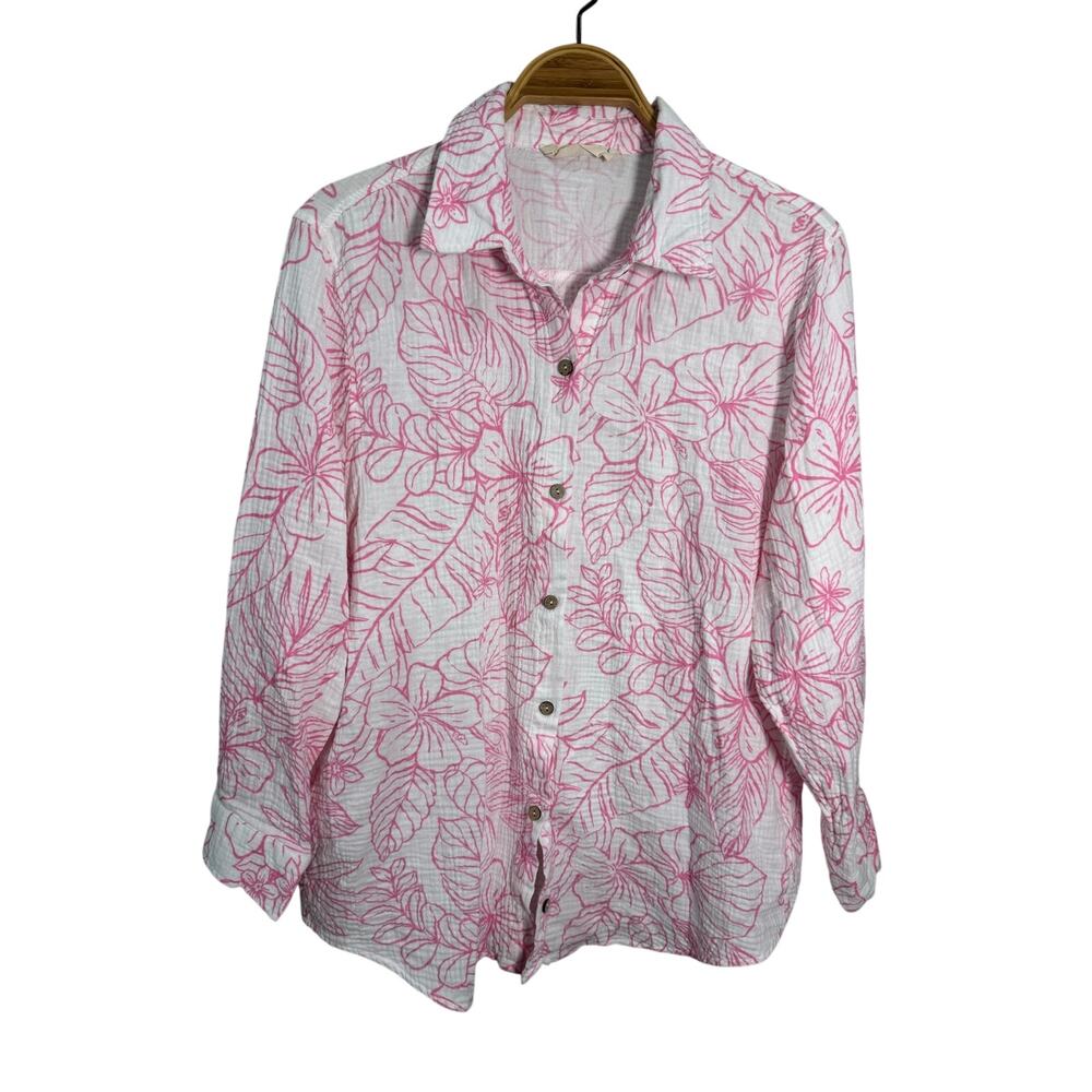 Ocean Drive Pink Tropical Gauze Button Down Large
